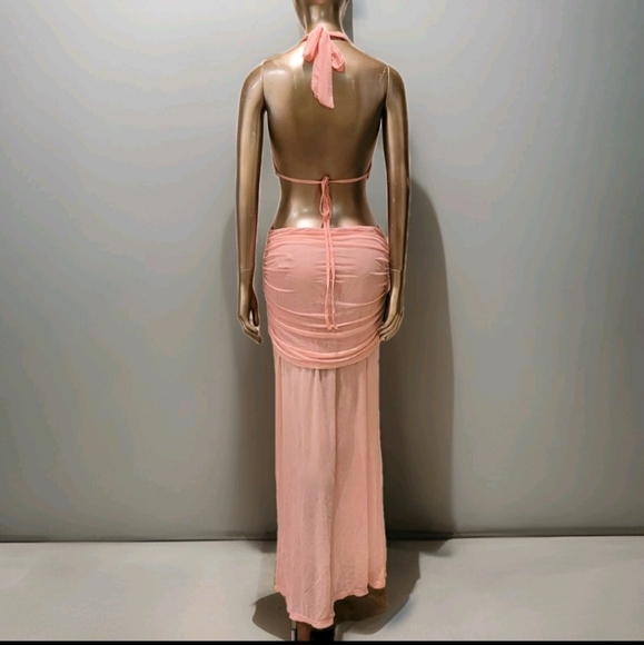 NWT Sexy Pink Halter Cut-Out Ruched Sheer Mesh Ibiza Maxi Dress Sz M - Picture 8 of 14